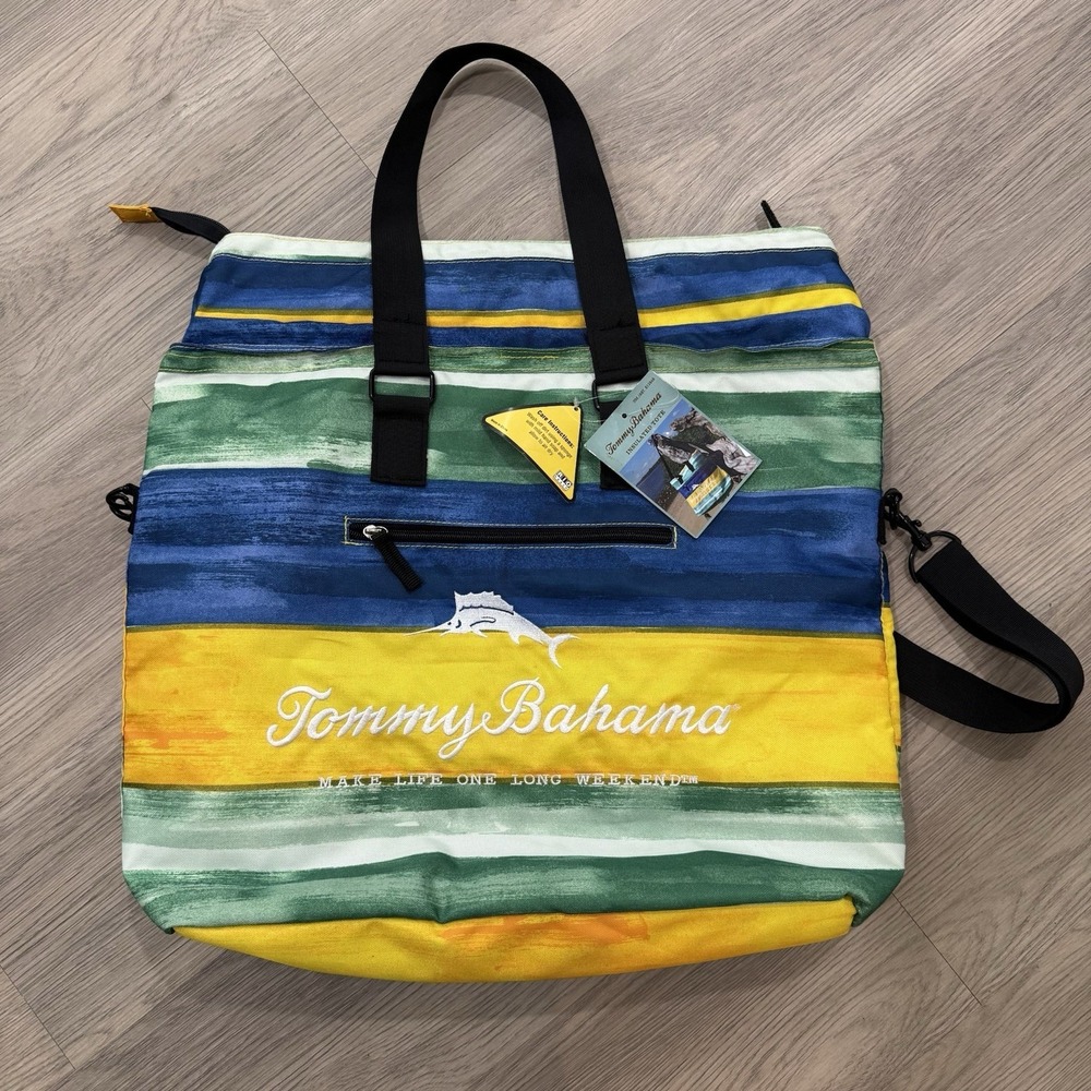 Tommy Bahama Insulated Tote Cooler Bag Yellow Blue Tropical Canvas Beach - NEW